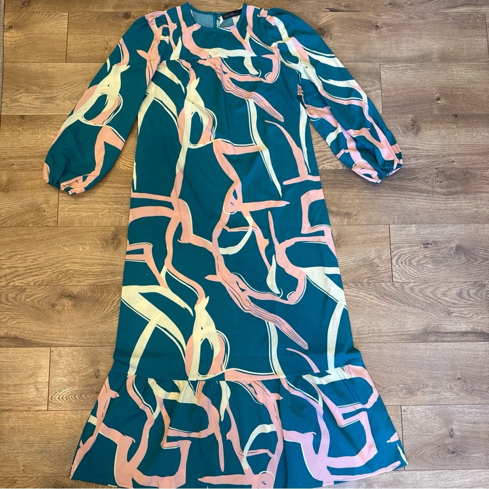 ZANZEA Women 3/4 Sleeve Casual Long Shirt Dress Geometric Print Dress Sz S